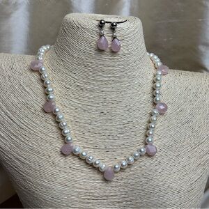 Handmade Pearl and Pink Quartz Beaded Necklace and Earring set